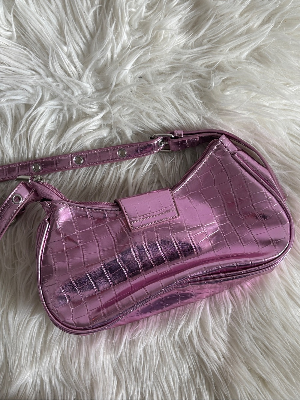 Metallic Pink Croc-Embossed Shoulder Bag - Picture 6 of 6